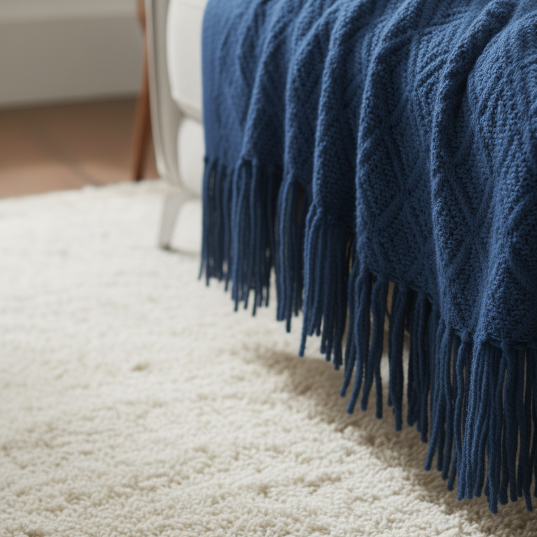 Nordic Flat Knit Blanket - Minimalist Geometric Lattice Design - Lightweight Decorative Sofa Throw with Unbraided Fringe