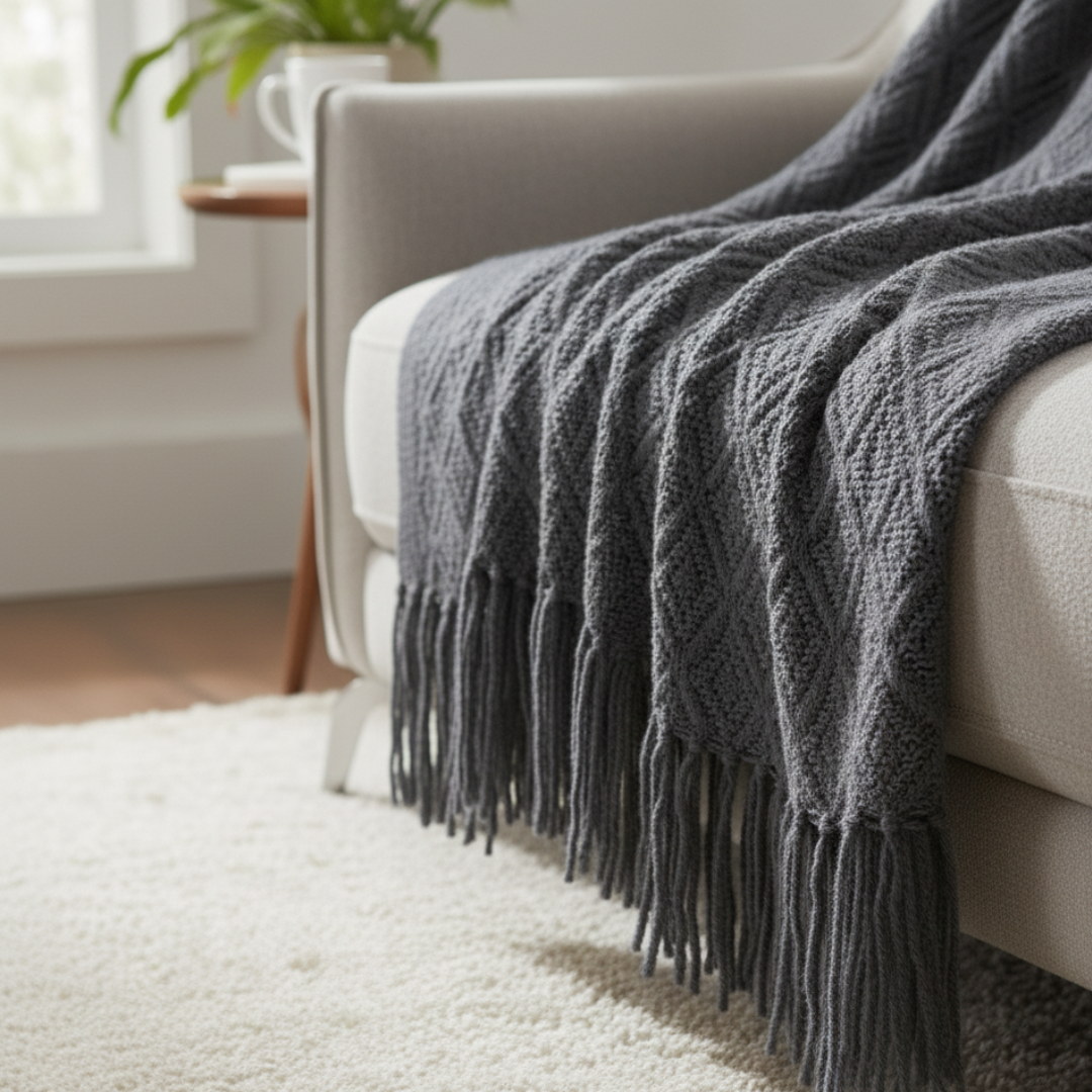 Nordic Flat Knit Blanket - Minimalist Geometric Lattice Design - Lightweight Decorative Sofa Throw with Unbraided Fringe