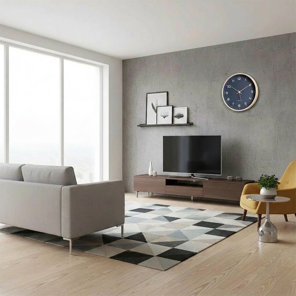 Modern Scandinavian navy blue wall clock in living room setting