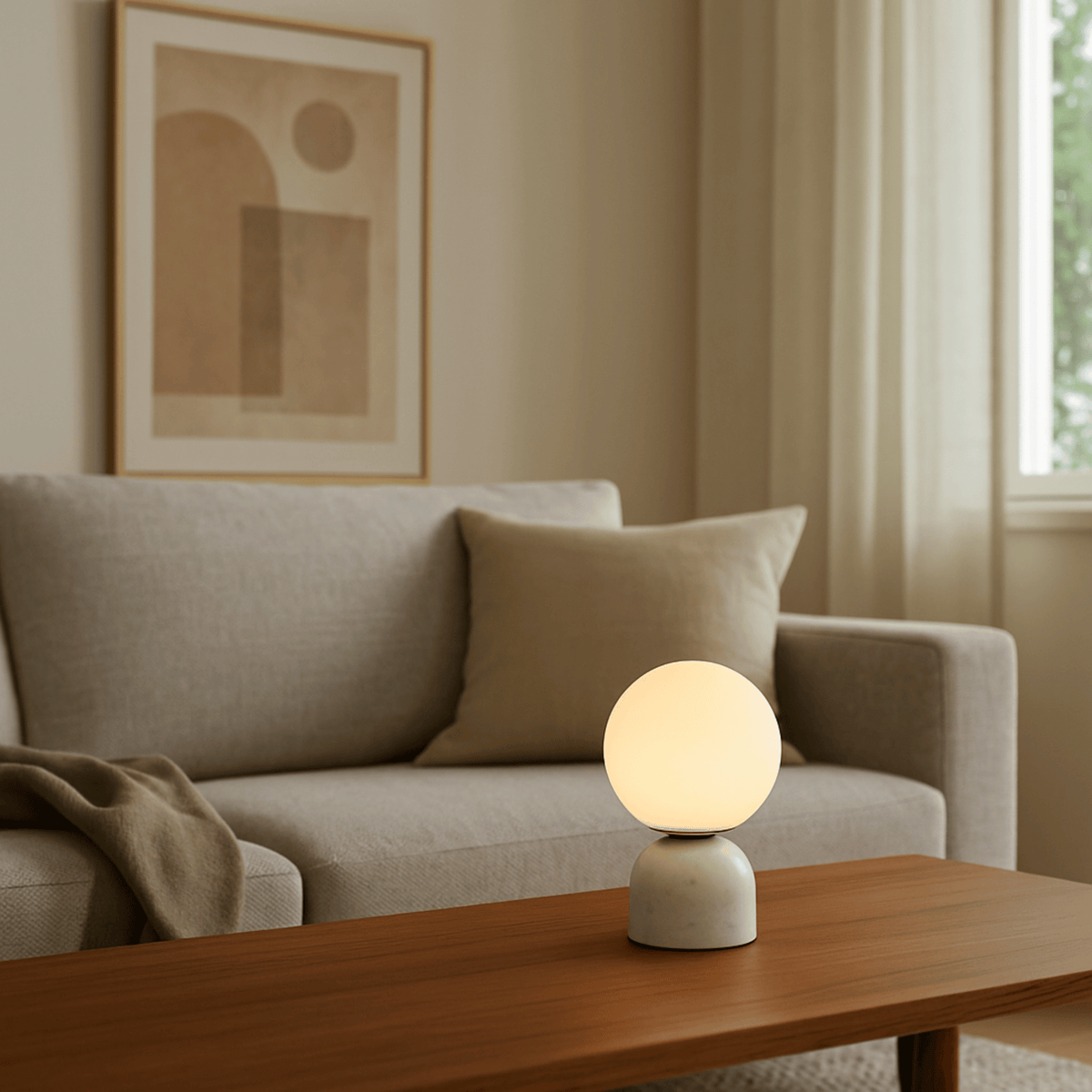 White marble table lamp styling on wooden coffee table in modern living room