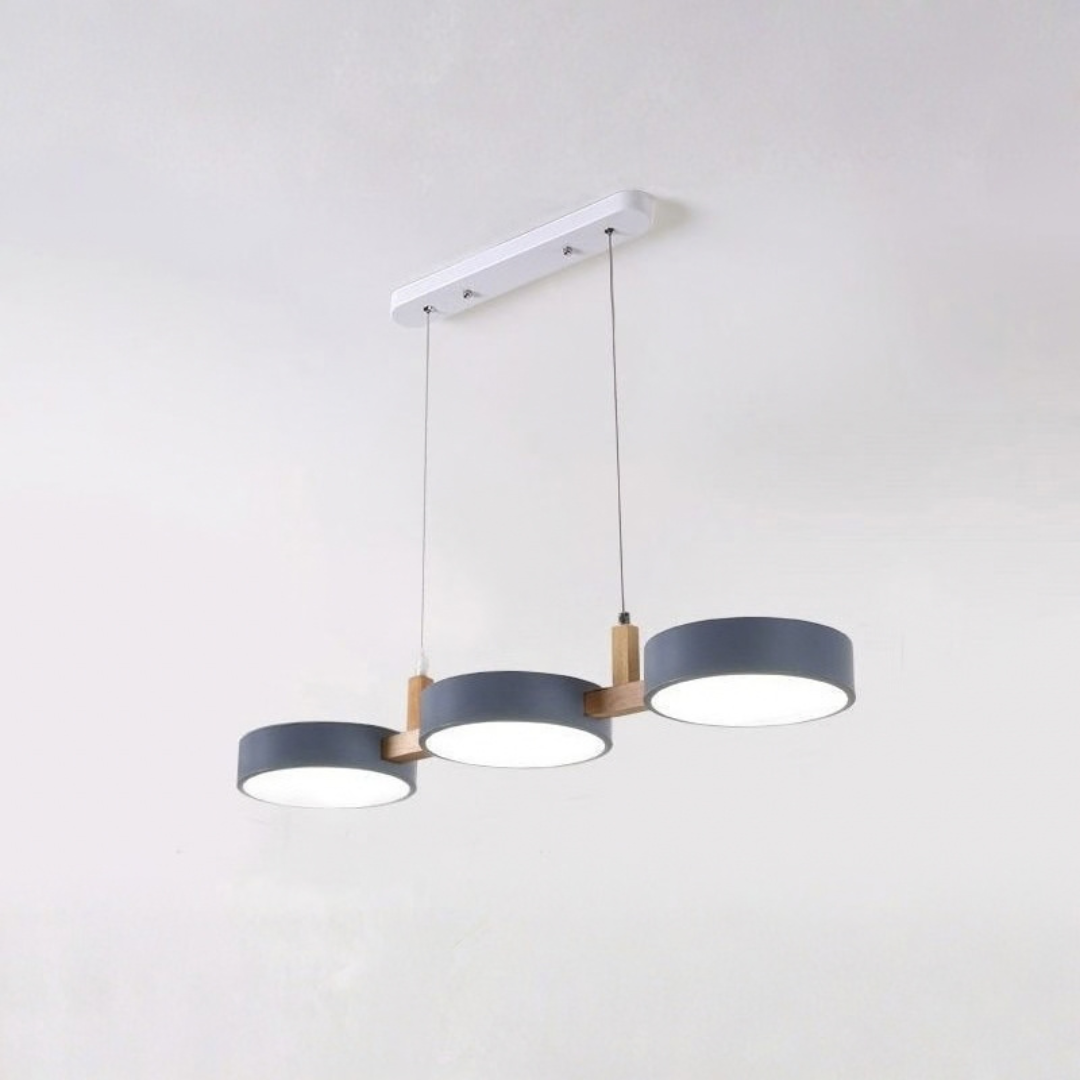 Gray Scandinavian linear pendant light with wooden joinery details