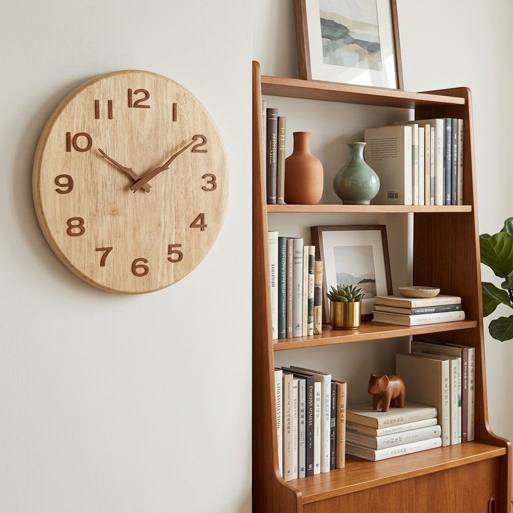Mid-century modern wooden wall clock beside bookshelf in minimalist living room