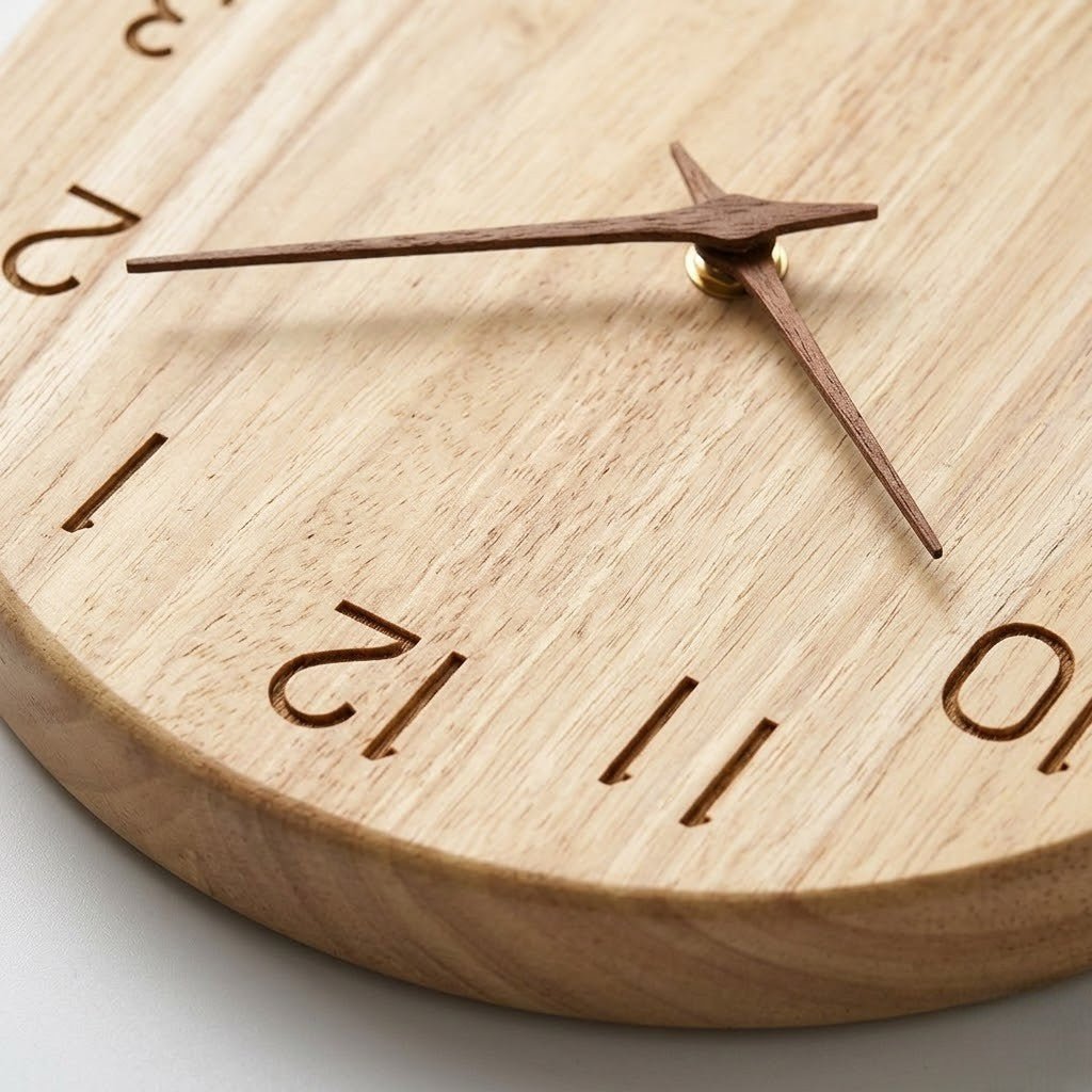 Close-up of minimalist round wooden wall clock with engraved dark numerals and brass pivot