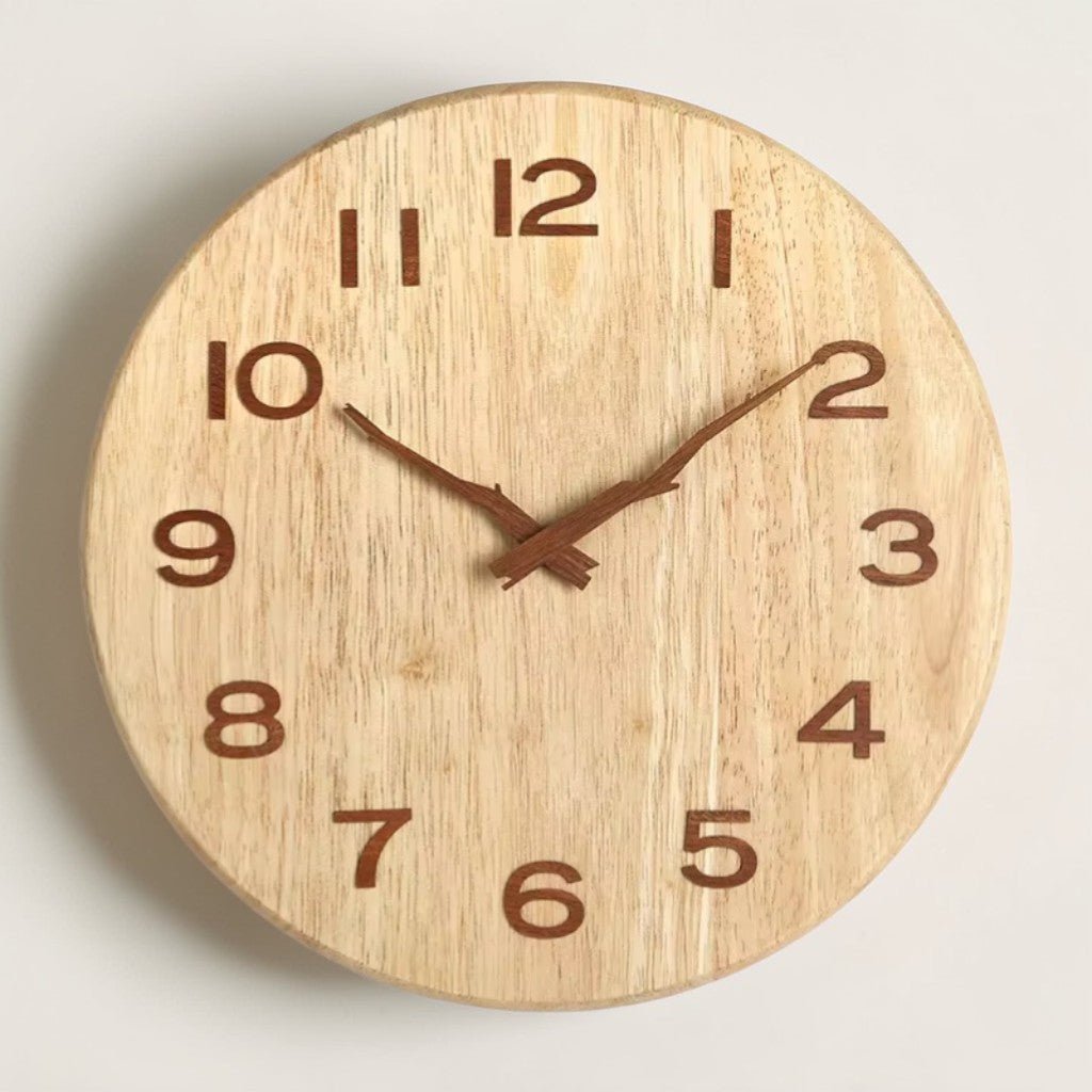 Nordic solid timber wall clock mounted on white wall showing smooth beveled edge