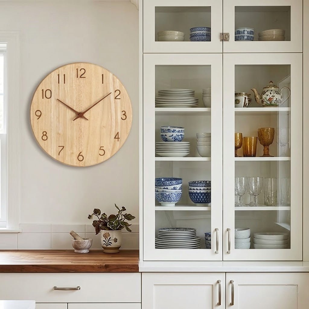 Silent wooden wall clock above kitchen counter complementing rustic home decor