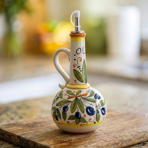 Olive Oil Dispenser Bottle | Hand-Painted Ceramic Cruet with Metal Pour Spout