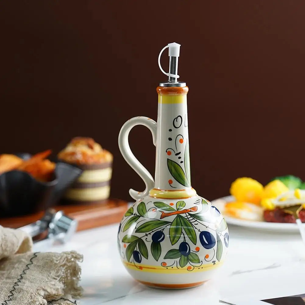 Olive Oil Dispenser Bottle – Hand-Painted Ceramic Cruet with Metal Pour Spout 3