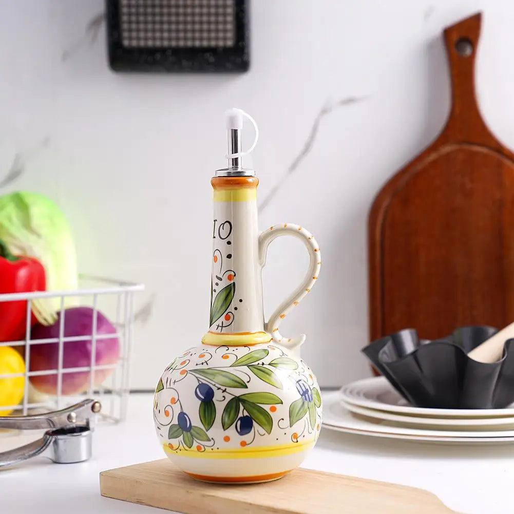 Olive Oil Dispenser Bottle – Hand-Painted Ceramic Cruet with Metal Pour Spout 6