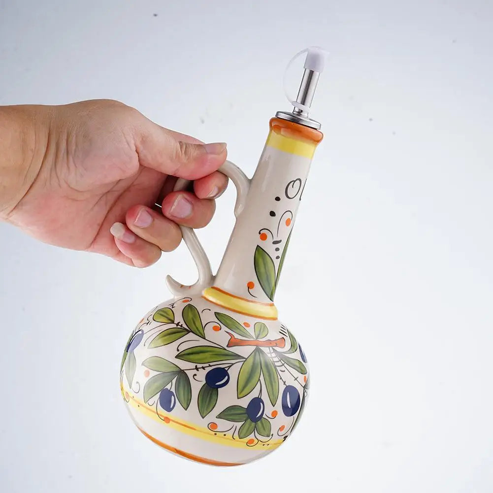 Olive Oil Dispenser Bottle – Hand-Painted Ceramic Cruet with Metal Pour Spout 8