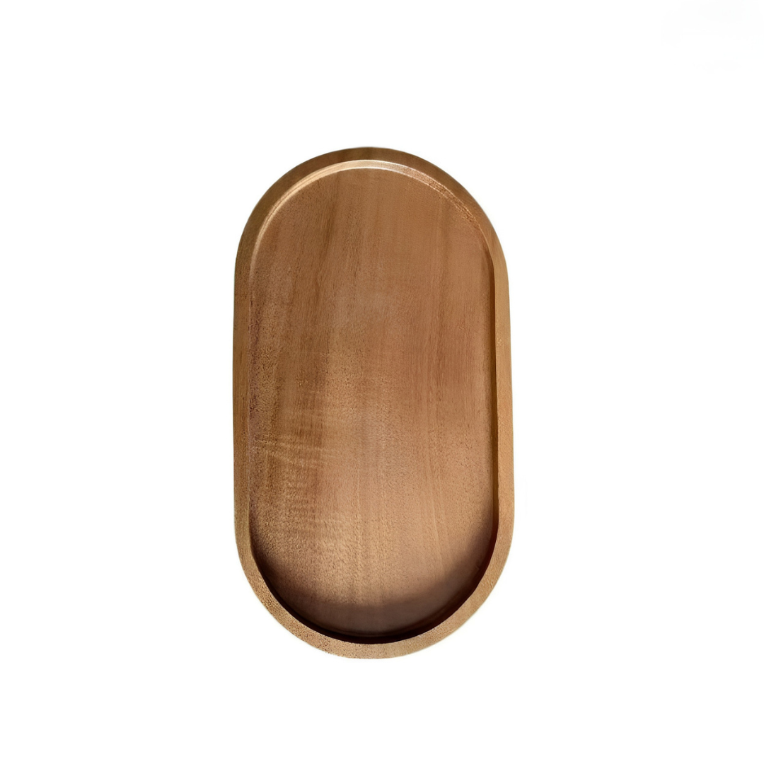 Light brown oval wooden serving tray with visible vertical grain and rounded edges