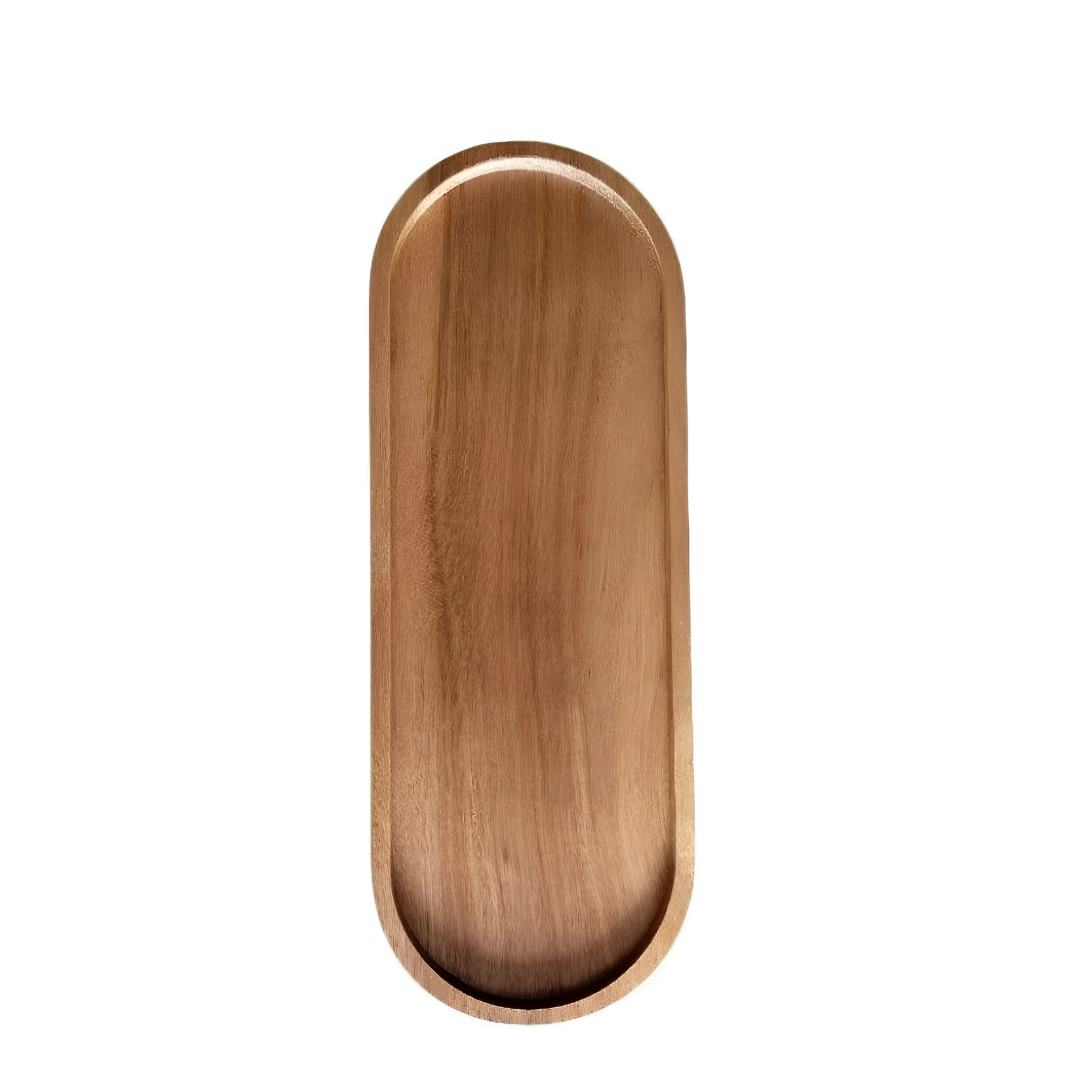 Medium-brown oval wooden serving tray featuring straight grain lines and smooth finish