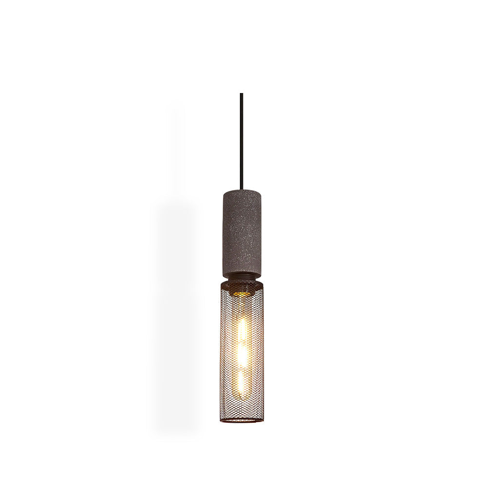 Vertical industrial pendant light with concrete socket and black mesh cylinder