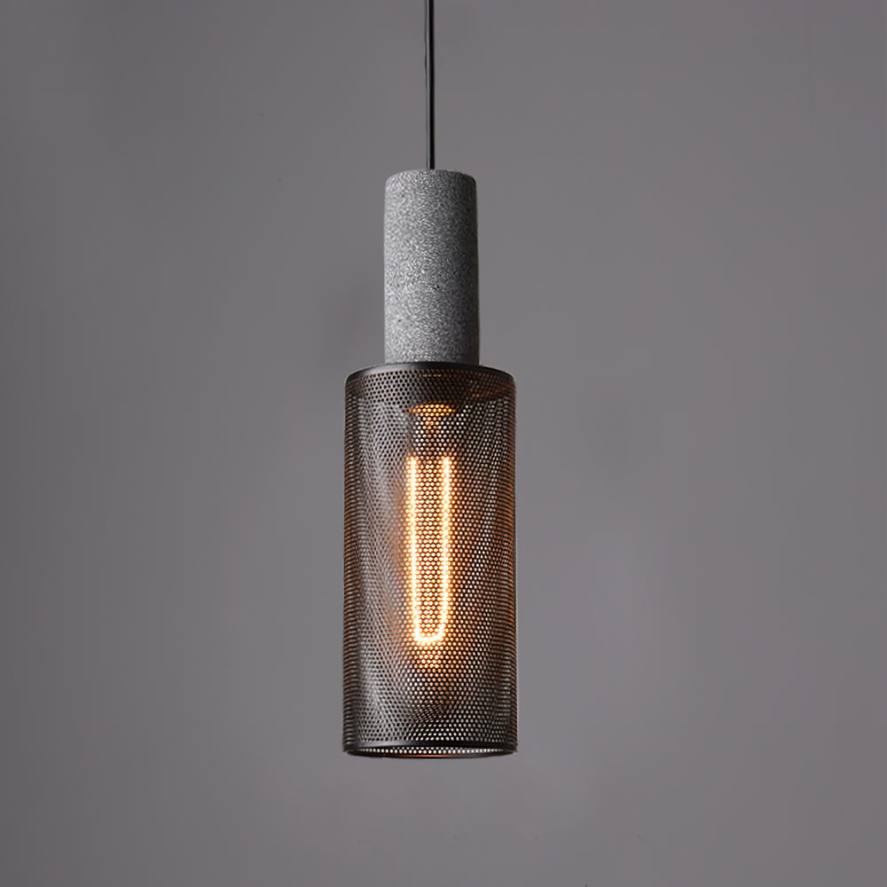 Modern hanging light fixture with textured concrete socket and cylindrical mesh