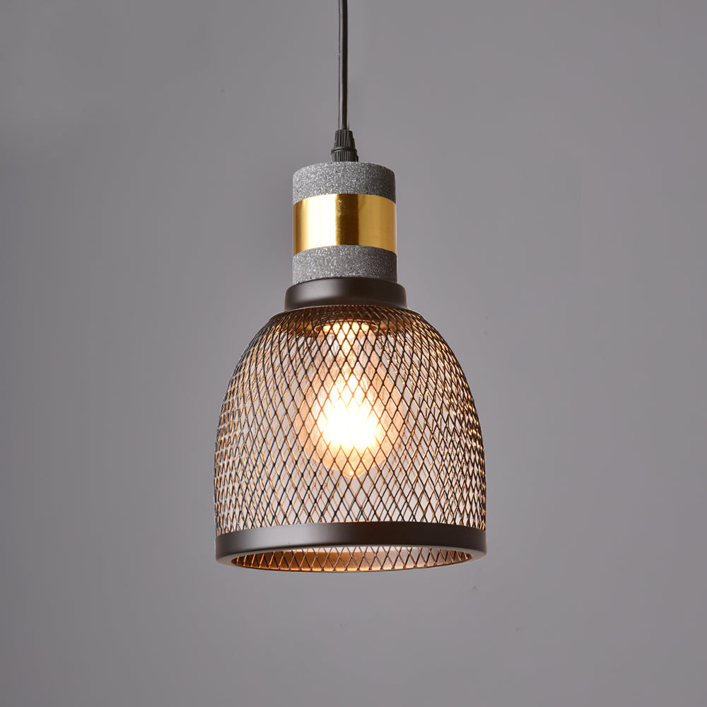 Industrial pendant light with concrete socket and diamond mesh dome shade