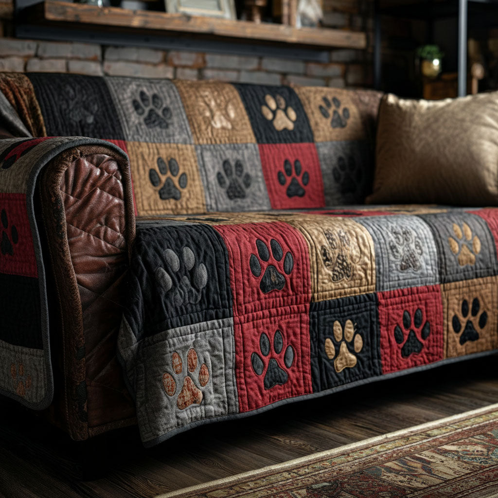 Red black gray tan quilted paw print sofa cover on brown leather armchair