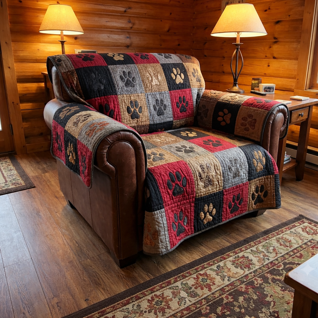 Patchwork quilted pet friendly sofa slipcover with paw prints in rustic room