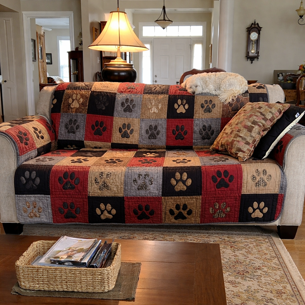 Quilted paw print sofa cover with dog sleeping on beige fabric couch