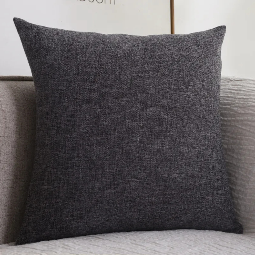 Dark charcoal gray plush linen cushion with tight slub texture