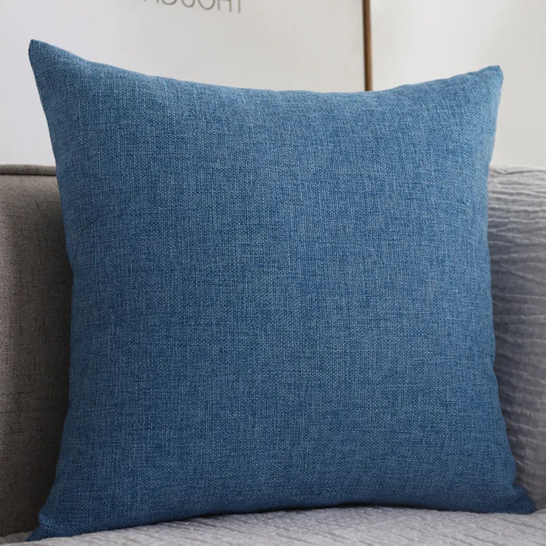 Blue thickened cotton linen square cushion with slub weave texture