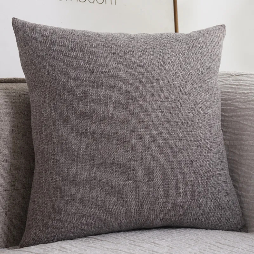 Medium gray structured linen throw pillow with dense weave