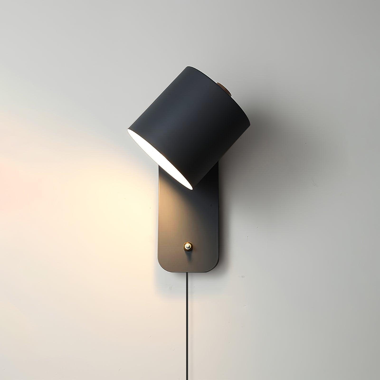 Close-up black matte swivel wall light with brass control knob