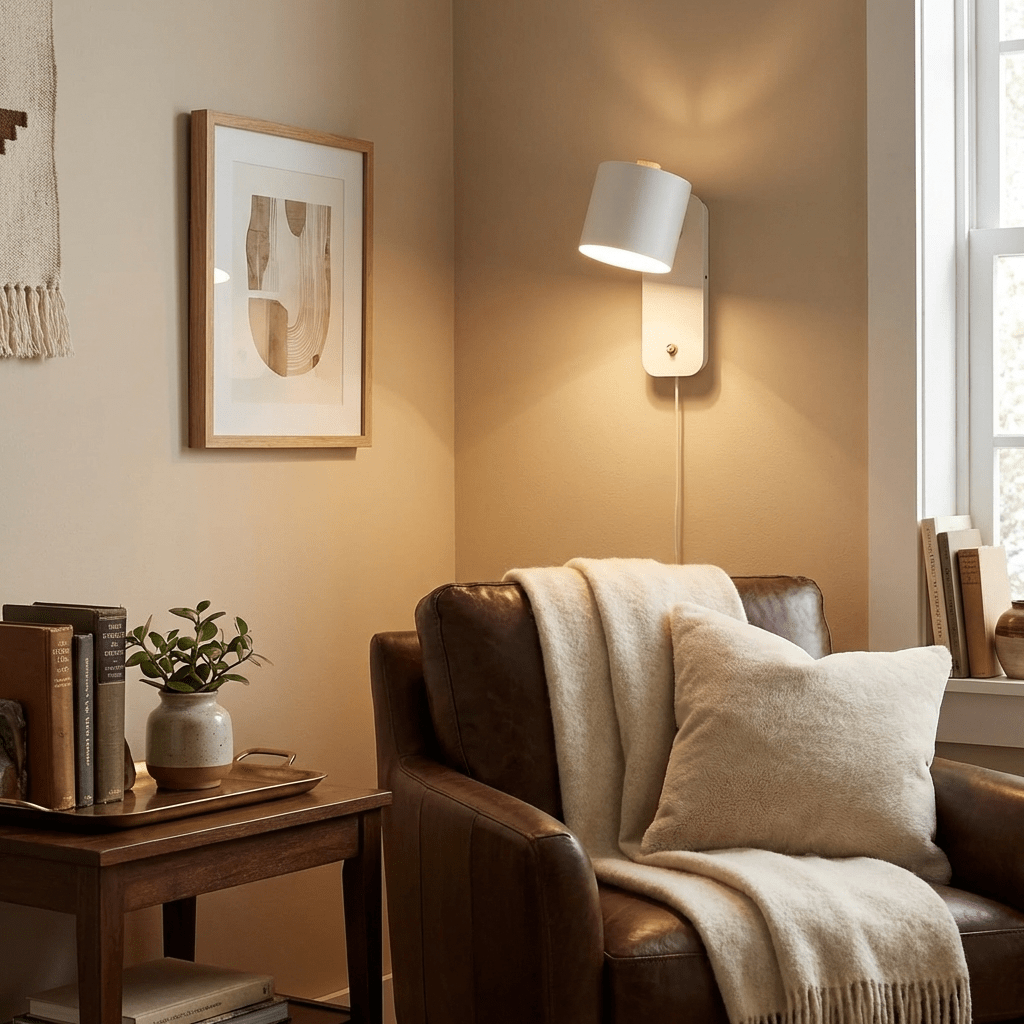 White modern plug-in wall lamp in cozy bedroom corner setting