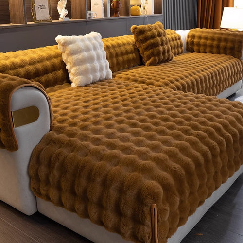 Plush Faux Fur Sofa Cover | Anti-Slip Sectional Couch Protector