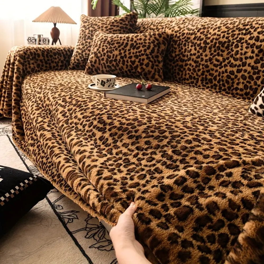 Plush Leopard Print Sofa Cover – Soft Microfiber Blend for Cozy Year-Round Protection 1
