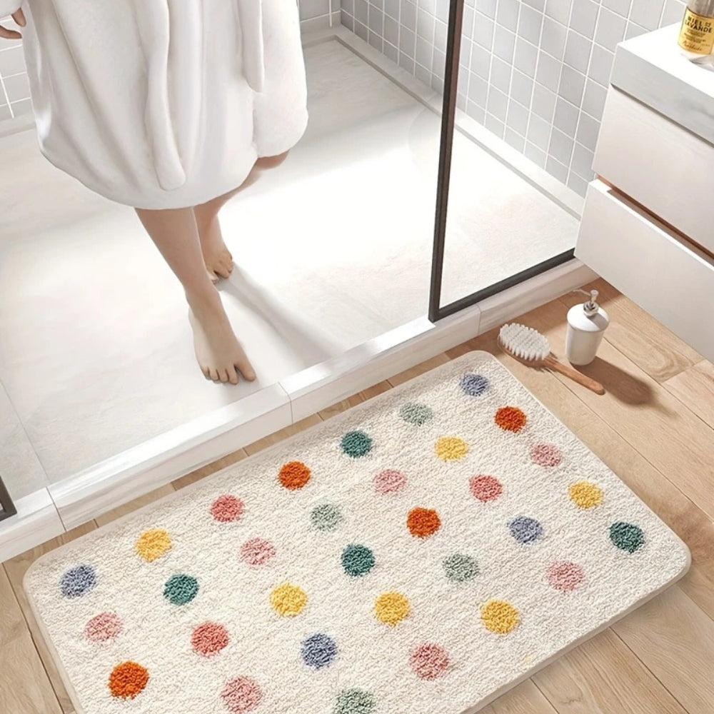 Polka Dot Bath Rug Soft Microfiber – Absorbent & Non-Skid Multicolor Pom-Pom Style