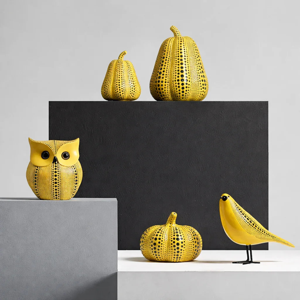 Yellow polka dot resin figurine set including pumpkin owl and bird on tiered display