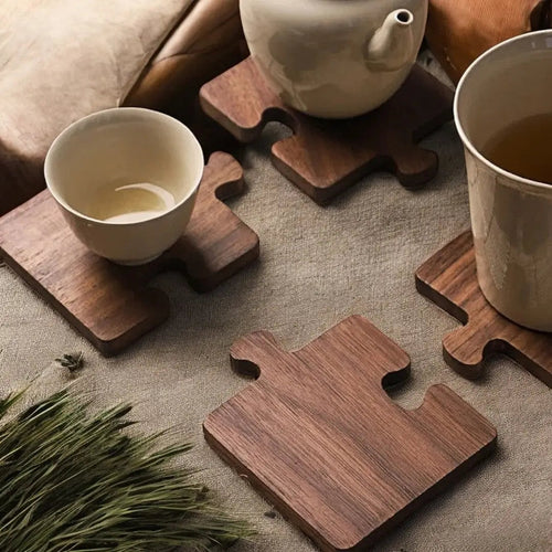 Puzzle Piece Drink Coasters | Interlocking Jigsaw Design Natural Walnut Wood