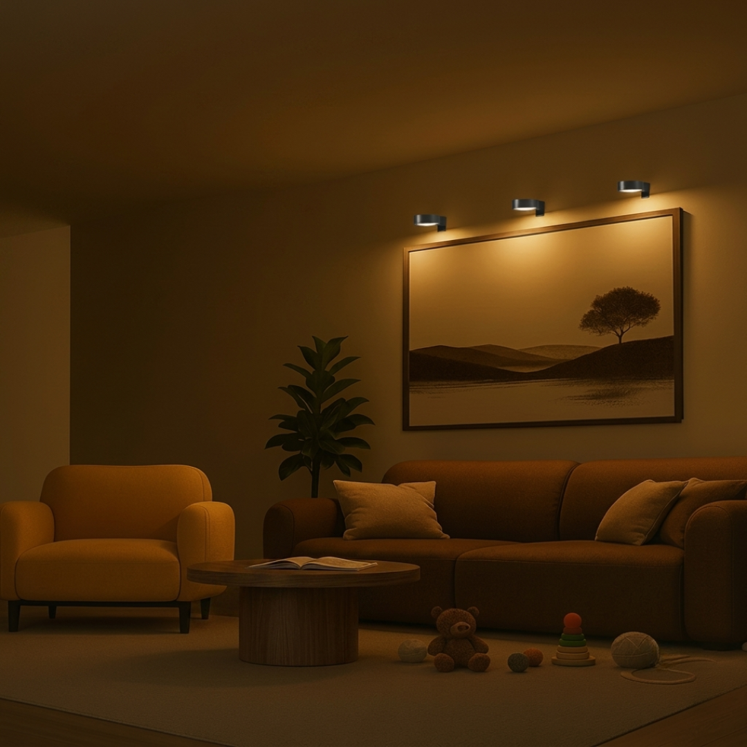 Magnetic wall mounted spotlight set lighting landscape painting above sofa