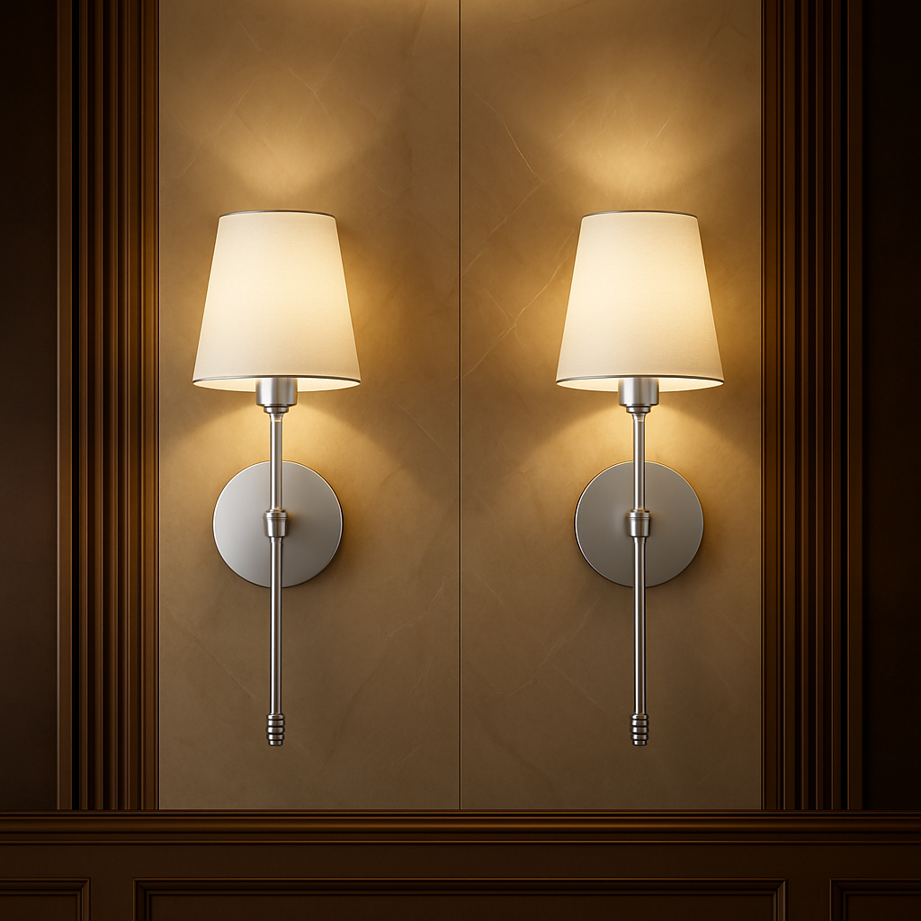 Set of 2 brushed silver wireless wall lights with tapered fabric shades