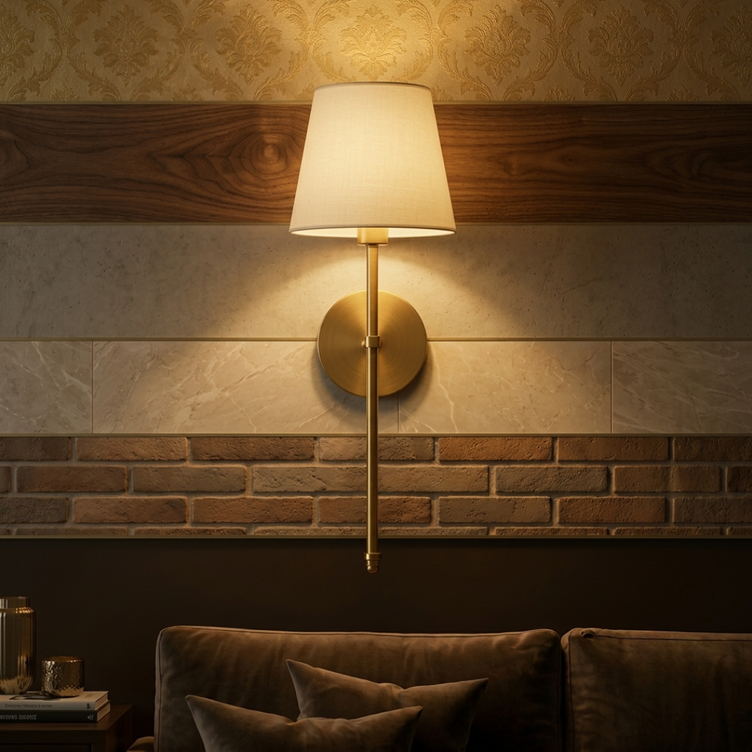 Wireless gold wall light mounted on textured layered accent wall