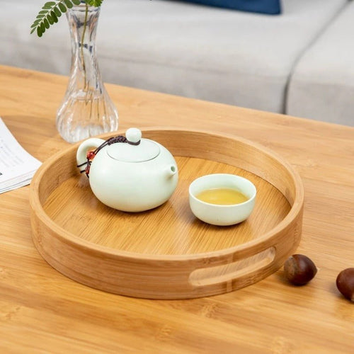 Round Bamboo Serving Tray | Integrated Cutout Handles Natural Wood Circular