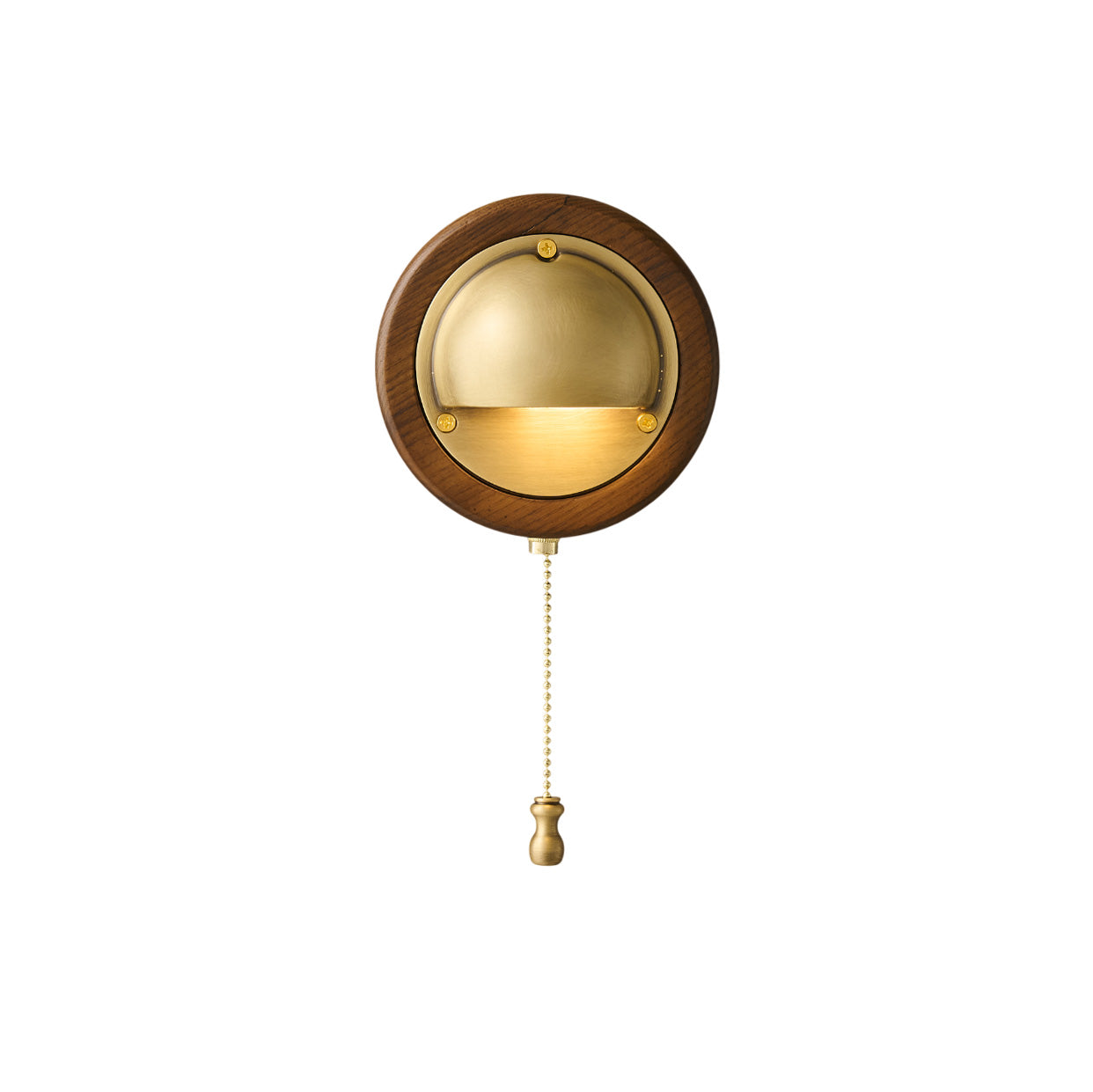 Mid-century modern wooden wall lamp with brass dome shade emitting warm light