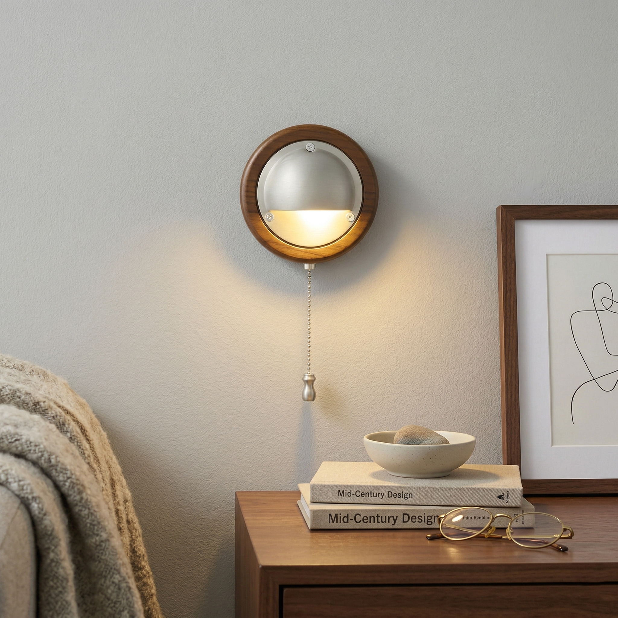 Rustic round wood and silver-toned metal wall fixture above nightstand