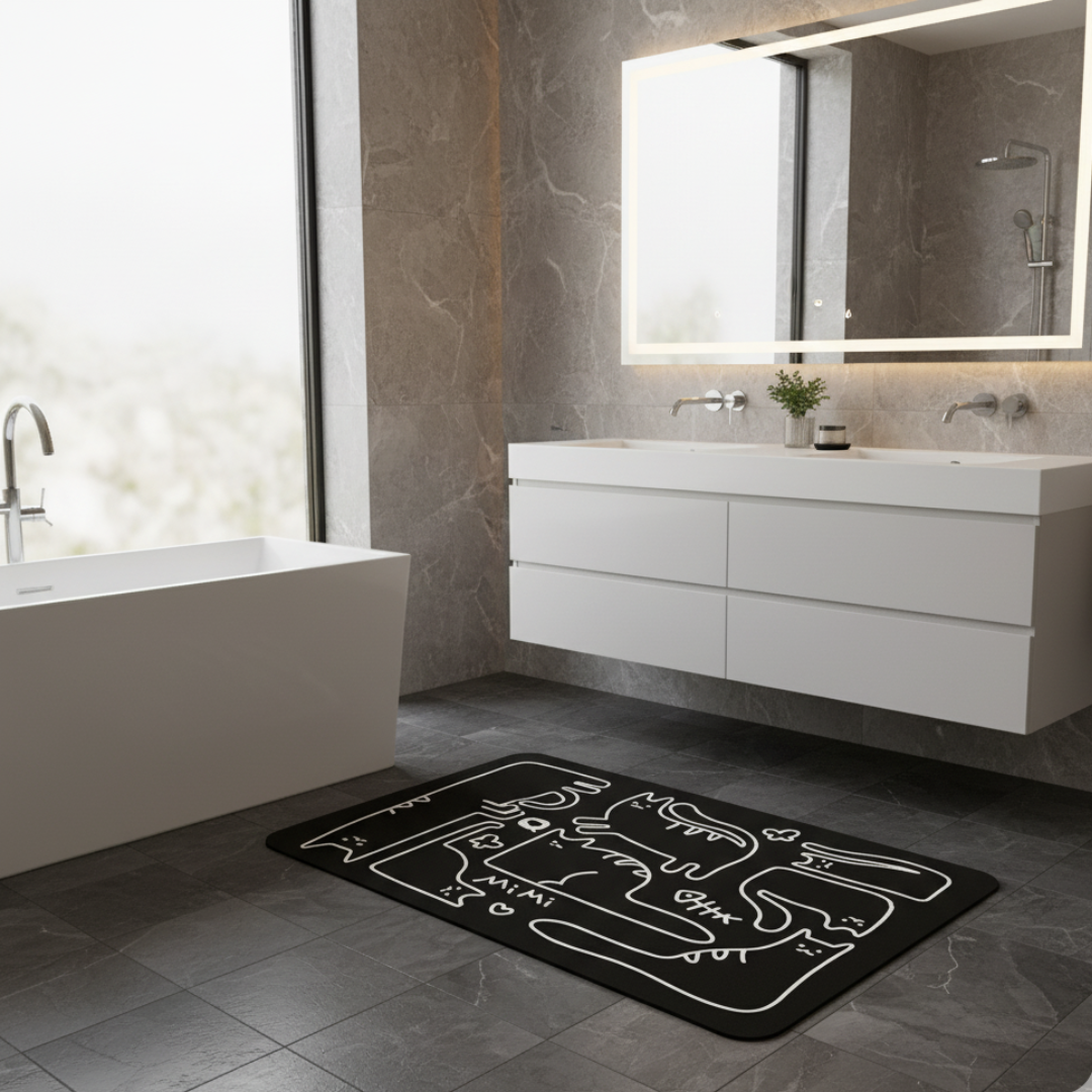 Rubber bathroom anti-slip floor mat, water-absorbing and quick-drying floor mat, black and white cat printed floor mat