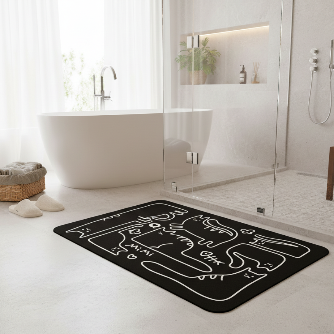 Rubber bathroom anti-slip floor mat, water-absorbing and quick-drying floor mat, black and white cat printed floor mat