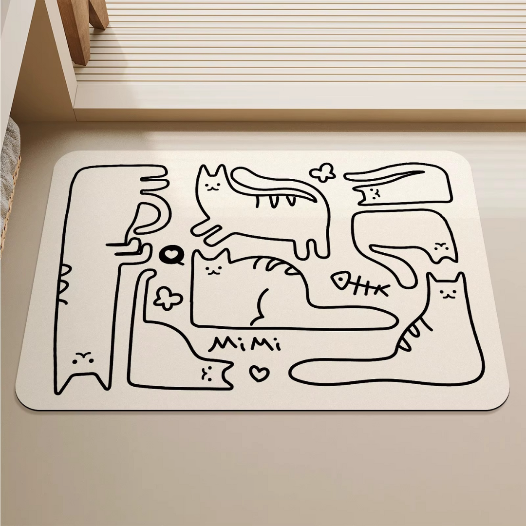 Rubber bathroom anti-slip floor mat, water-absorbing and quick-drying floor mat, black and white cat printed floor mat