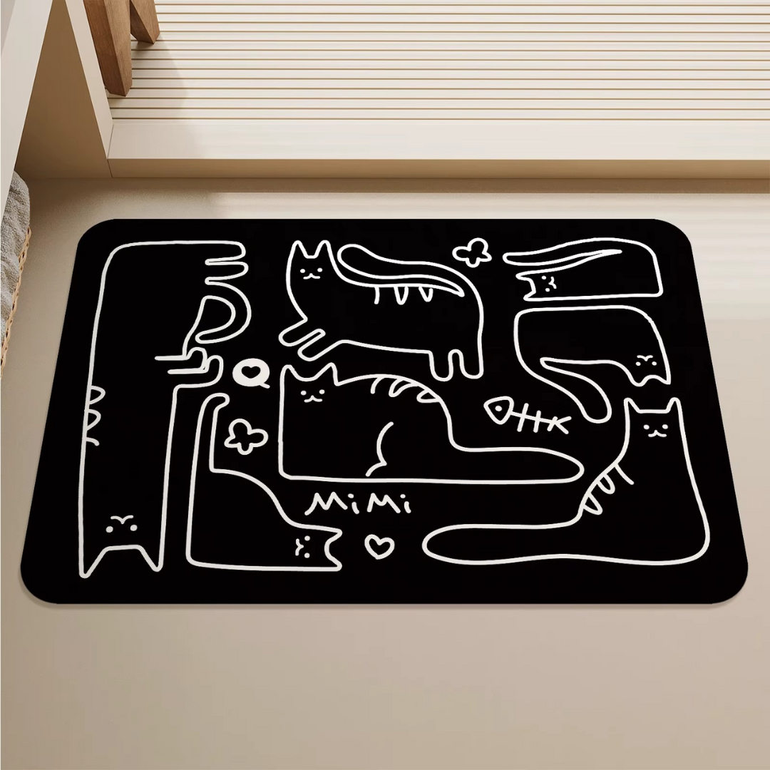 Rubber bathroom anti-slip floor mat, water-absorbing and quick-drying floor mat, black and white cat printed floor mat