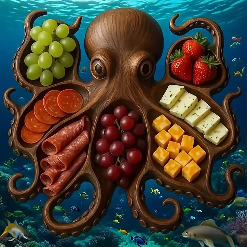 Eco-friendly carved wood octopus charcuterie board against underwater coral scene