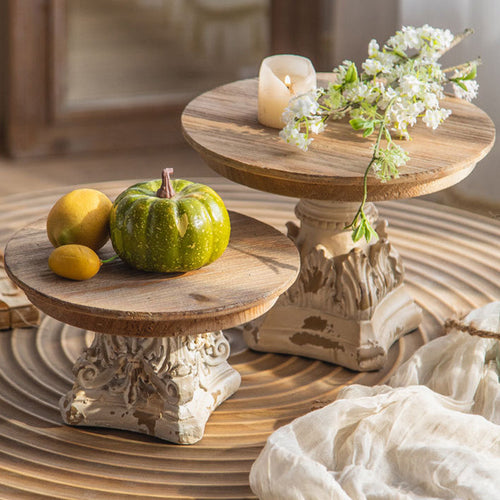 Rustic Wooden Pedestal Stand | Vintage Cake Display with Hand-Carved Top and Distressed Base