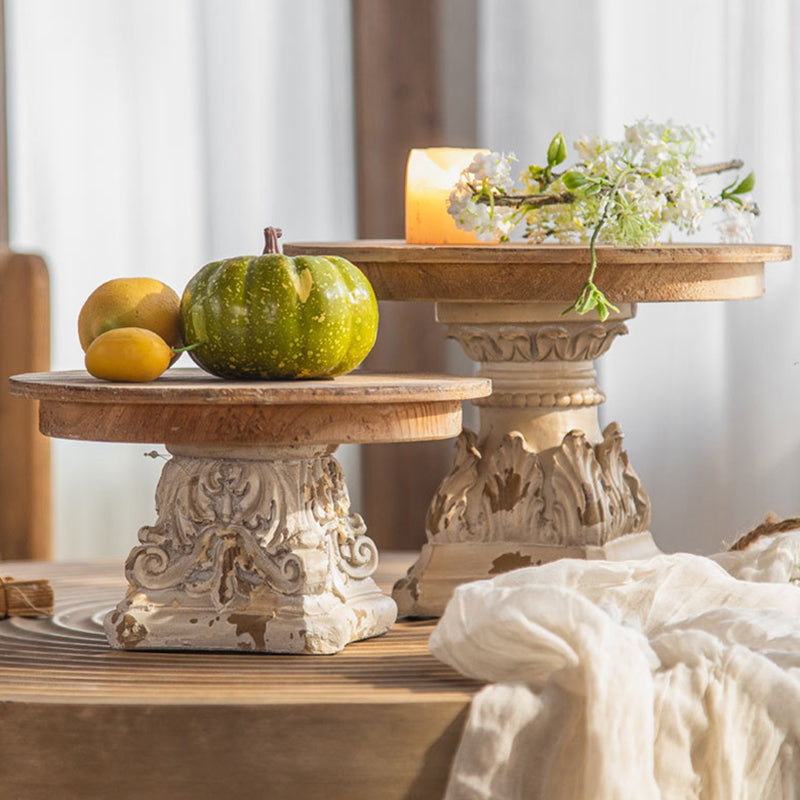Farmhouse decor stand with distressed finish displaying seasonal fruit