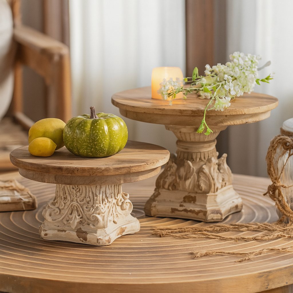 Vintage cake display stand with ornate carved base for candles and decor