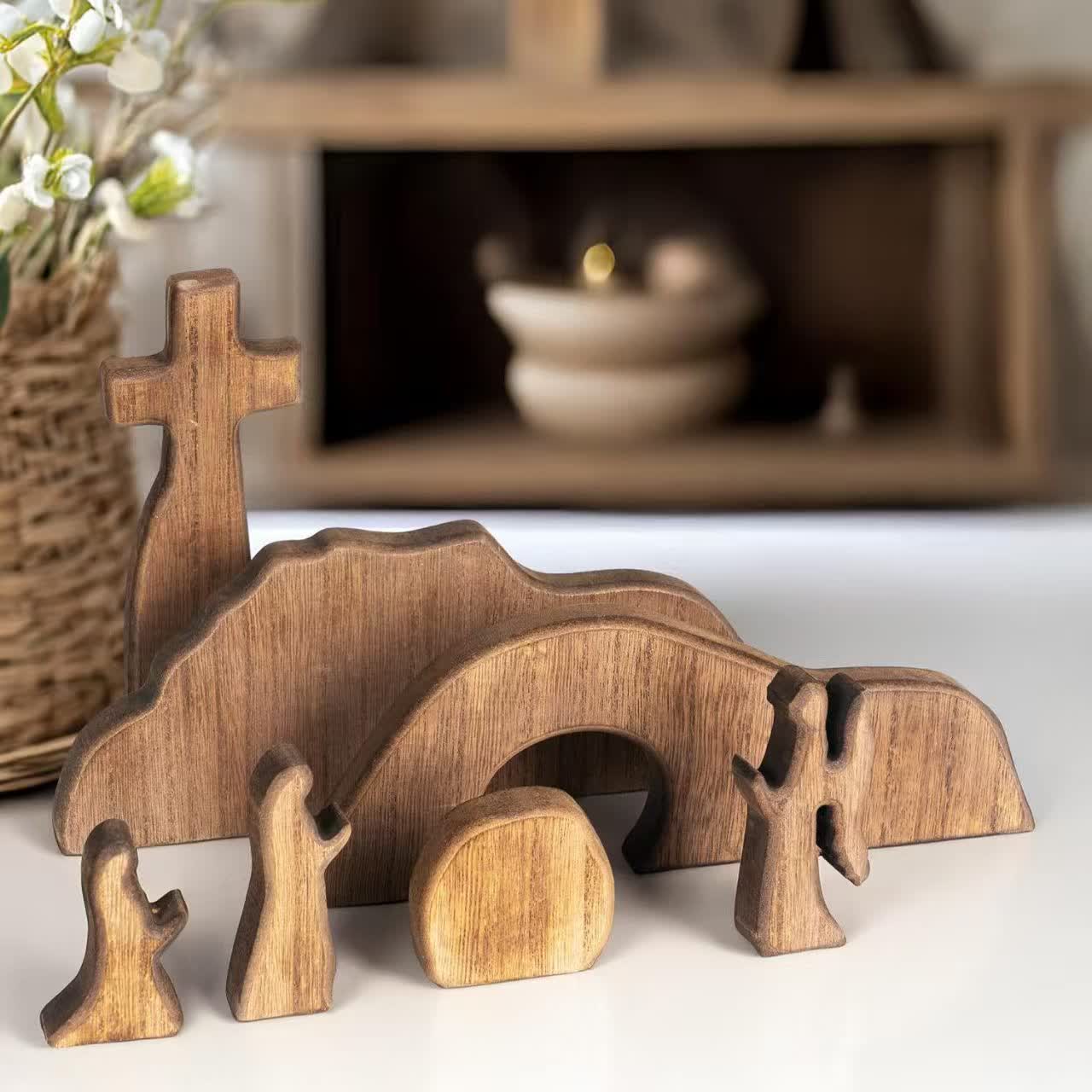 Rustic Wooden Easter Decor – Charming Tabletop Empty Tomb Display with Natural Finish 2