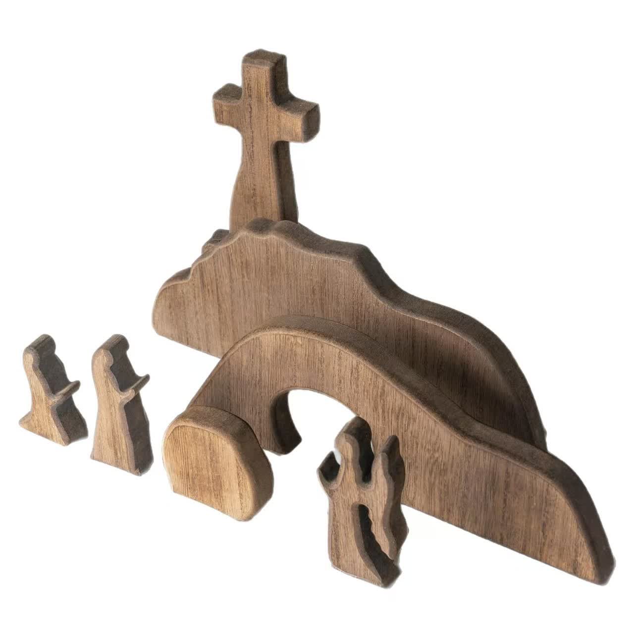 Rustic Wooden Easter Decor – Charming Tabletop Empty Tomb Display with Natural Finish 4