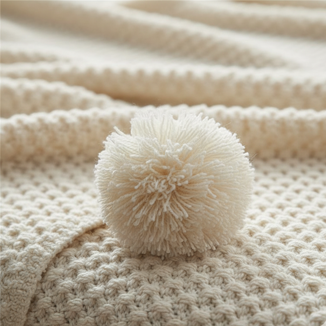 Scandinavian Textured Knitted Blanket - Decorative Pom-Pom Trim - Dense Nordic Seed Knit Accent Throw