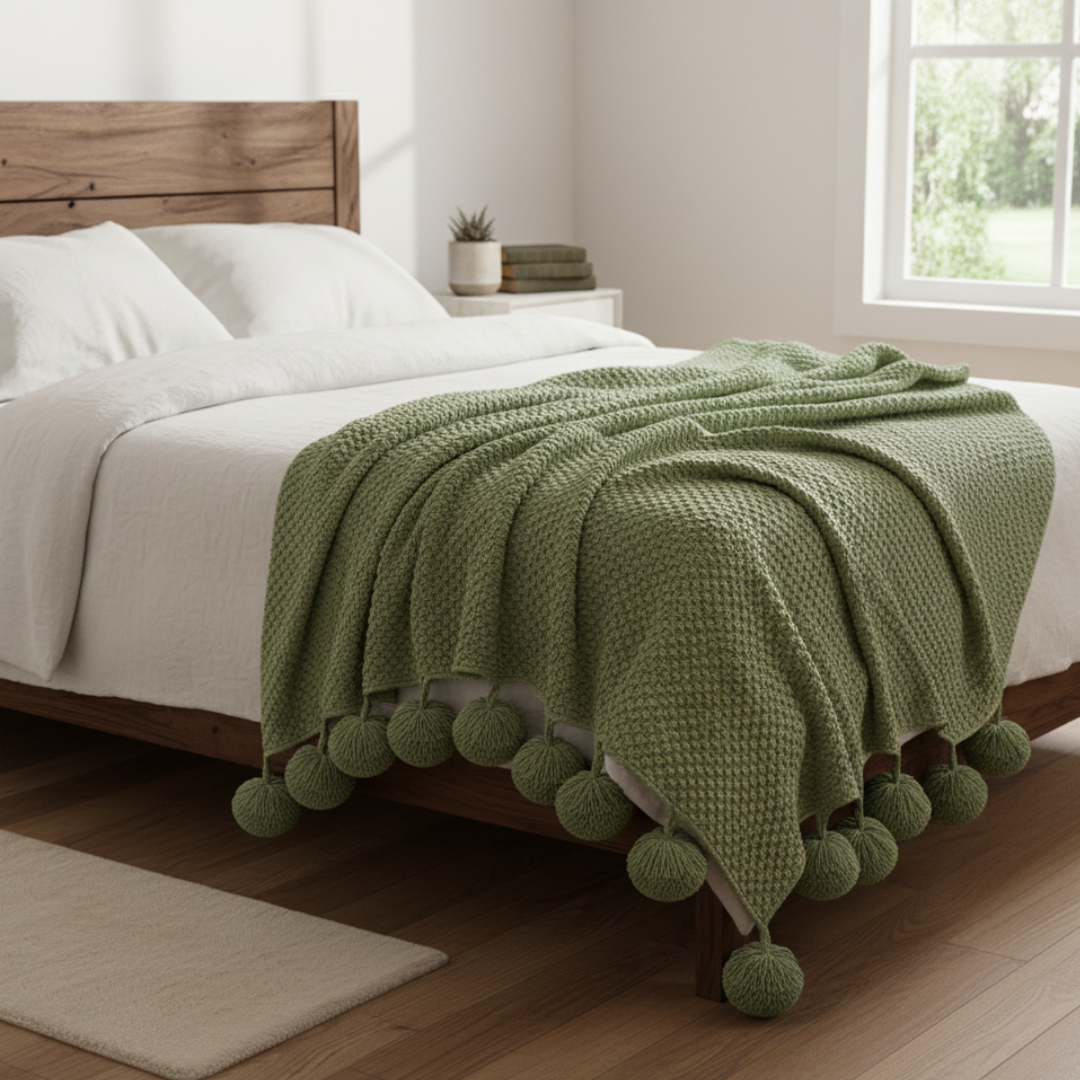 Scandinavian Textured Knitted Blanket - Decorative Pom-Pom Trim - Dense Nordic Seed Knit Accent Throw