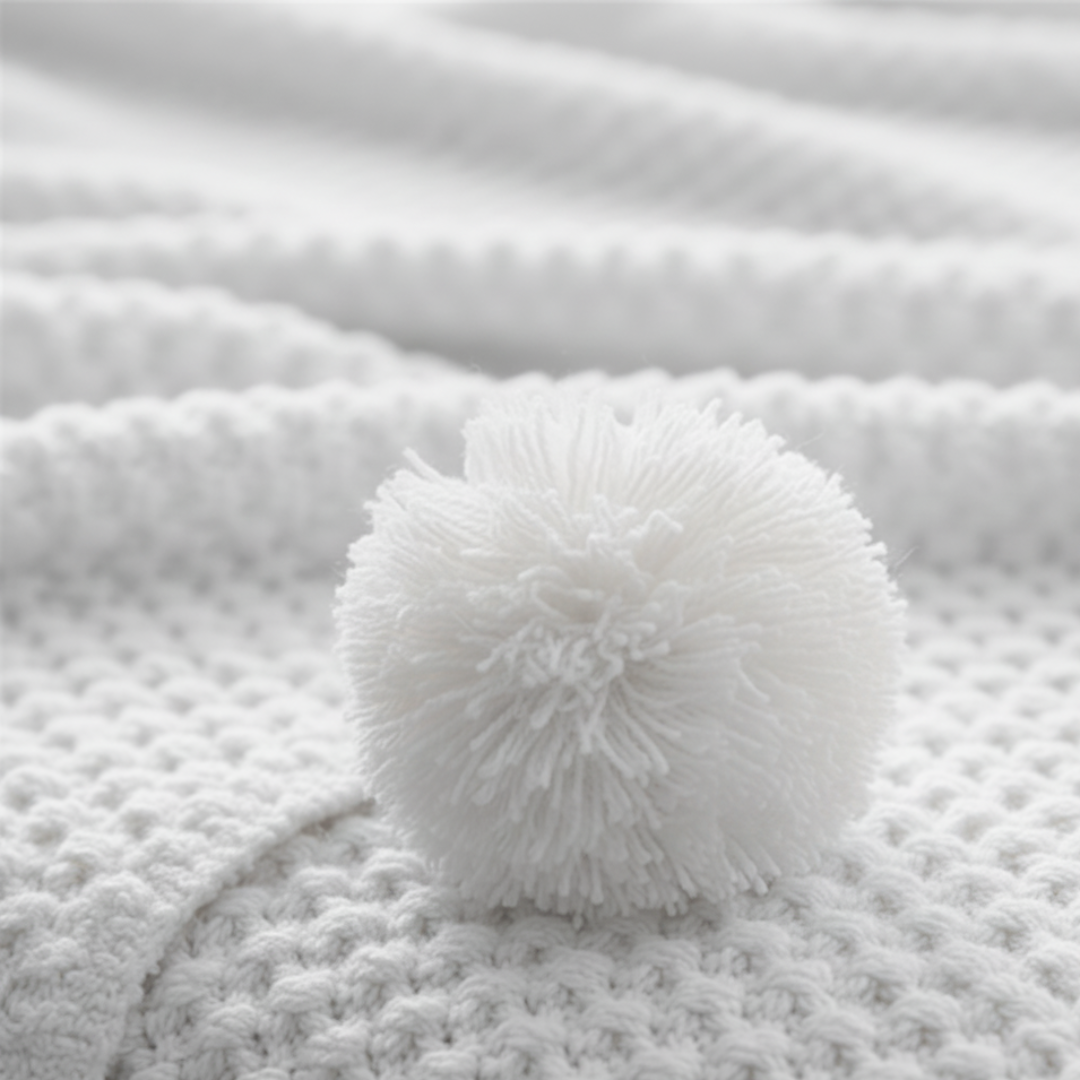 Scandinavian Textured Knitted Blanket - Decorative Pom-Pom Trim - Dense Nordic Seed Knit Accent Throw
